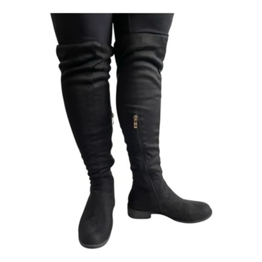 Women’s Black Over The Knee Boots Faux Suede Thigh High Low Heel Shoes Size 6